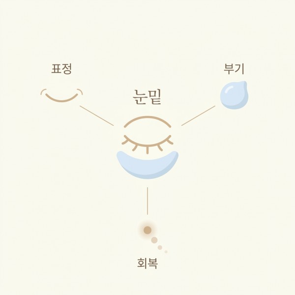 밝은 아이보리 배경에 눈 밑을 나타내는 단순한 곡선 아이콘을 중앙에 두고, 표정 움직임과 부기를 상징하는 아이콘을 주변에 배치한 추상 모식도. - 덕천애교필러 | 미미썸의원 부산덕천점