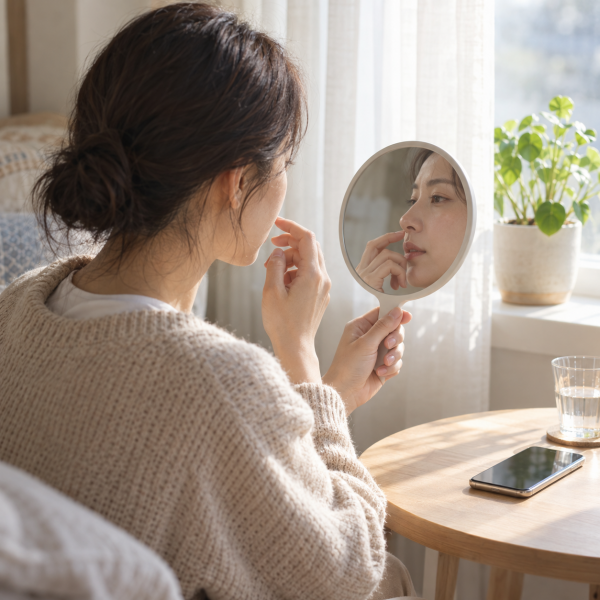 부드러운 자연광이 들어오는 집에서 성인이 거울로 자신의 얼굴을 조용히 살펴보는 일상 사진 - 덕천하이코 | 미미썸의원 부산덕천점