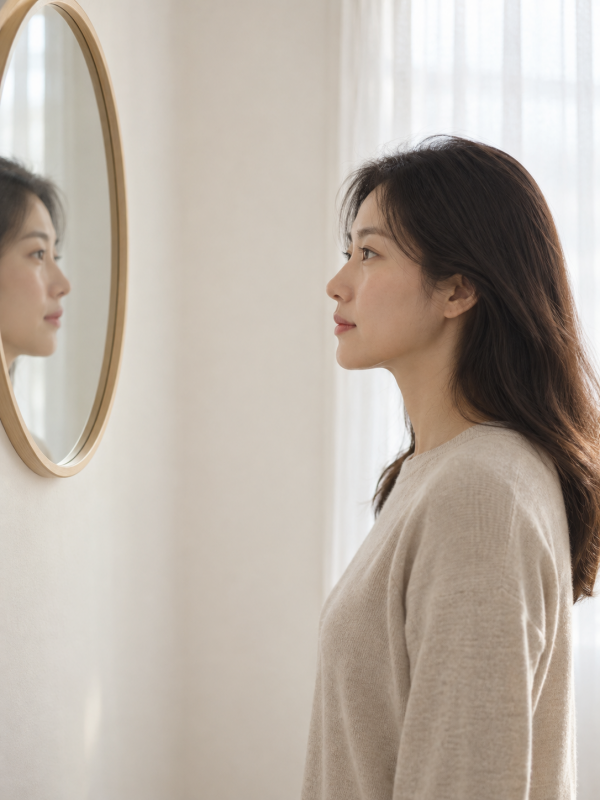 부드러운 자연광이 드는 집 안에서 성인이 거울 속 얼굴을 차분히 살펴보는 옆모습 사진 - 덕천하이코 | 미미썸의원 부산덕천점